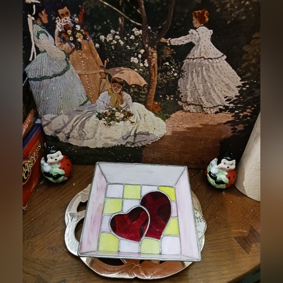 Handmade Stained glass heart ❤️💖 Candy 🍬 Dish Pink/Yellow and Red🥣Nice!🏘🎁 - Picture 5 of 11